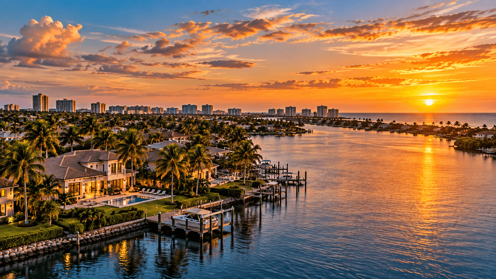 The Naples shoreline at sunset, the pier and the gulf beyond it.