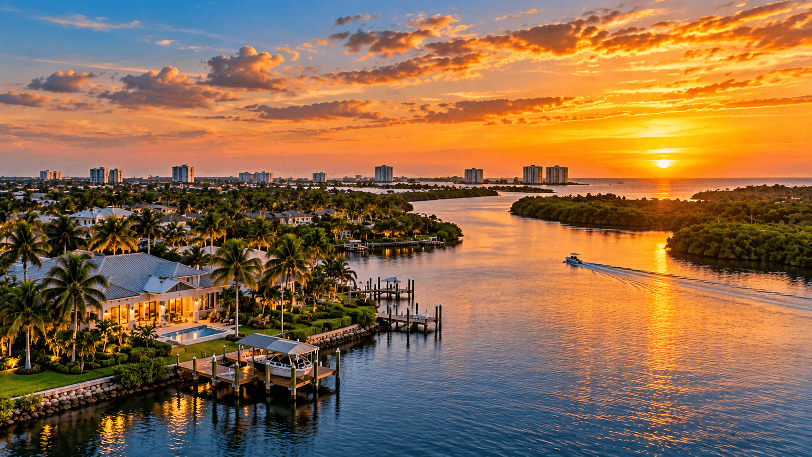 Bonita Springs from the water at golden hour, the shoreline and the gulf opening out to the west.