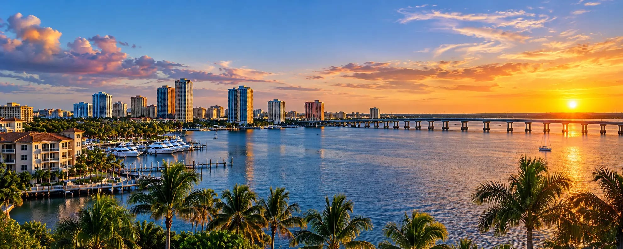 The Caloosahatchee River at sunset, with the Fort Myers skyline, the Edison Bridge and moored boats in the foreground.