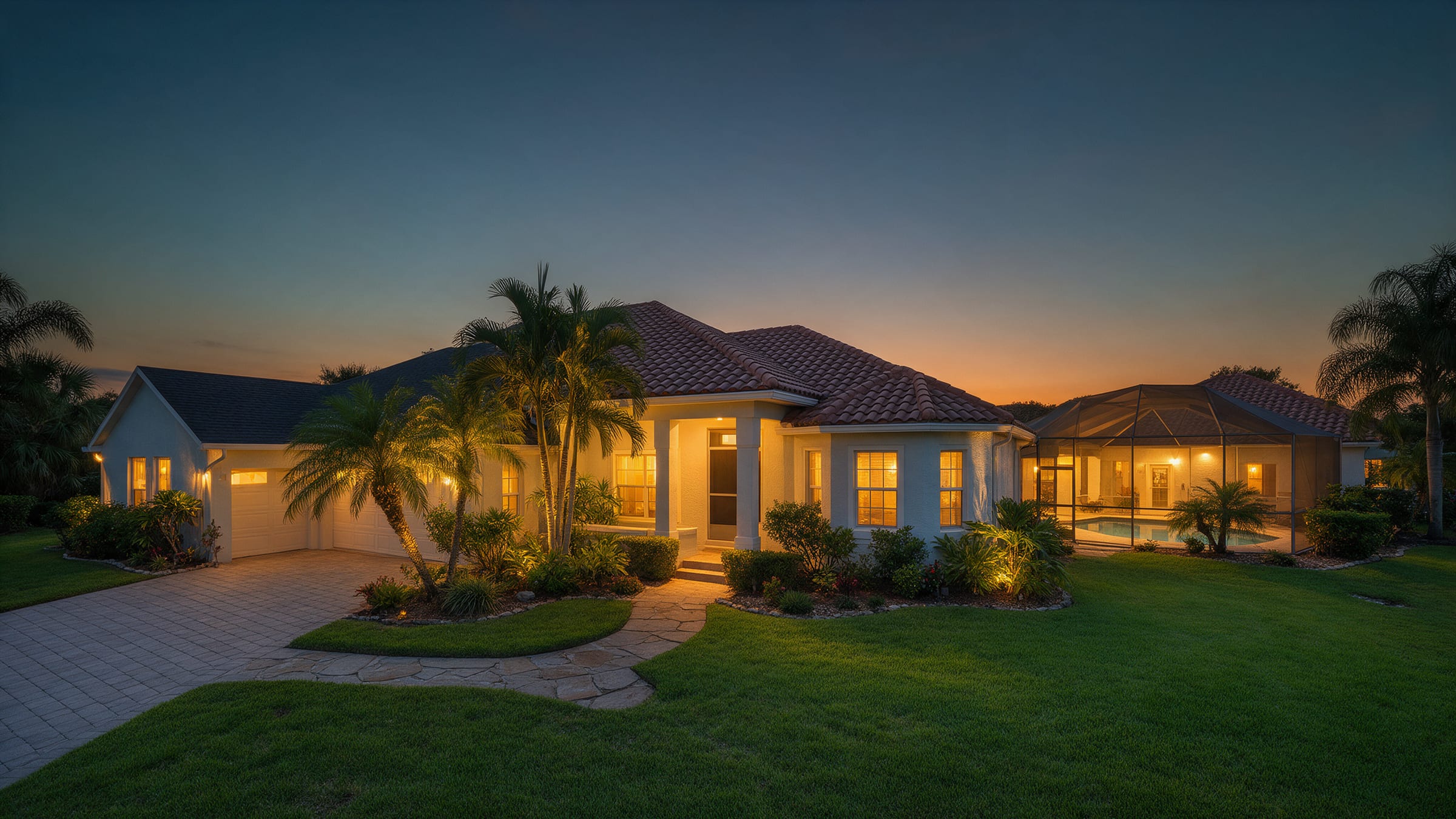 A Southwest Florida home photographed at twilight, warm interior lights glowing against a deep blue sky