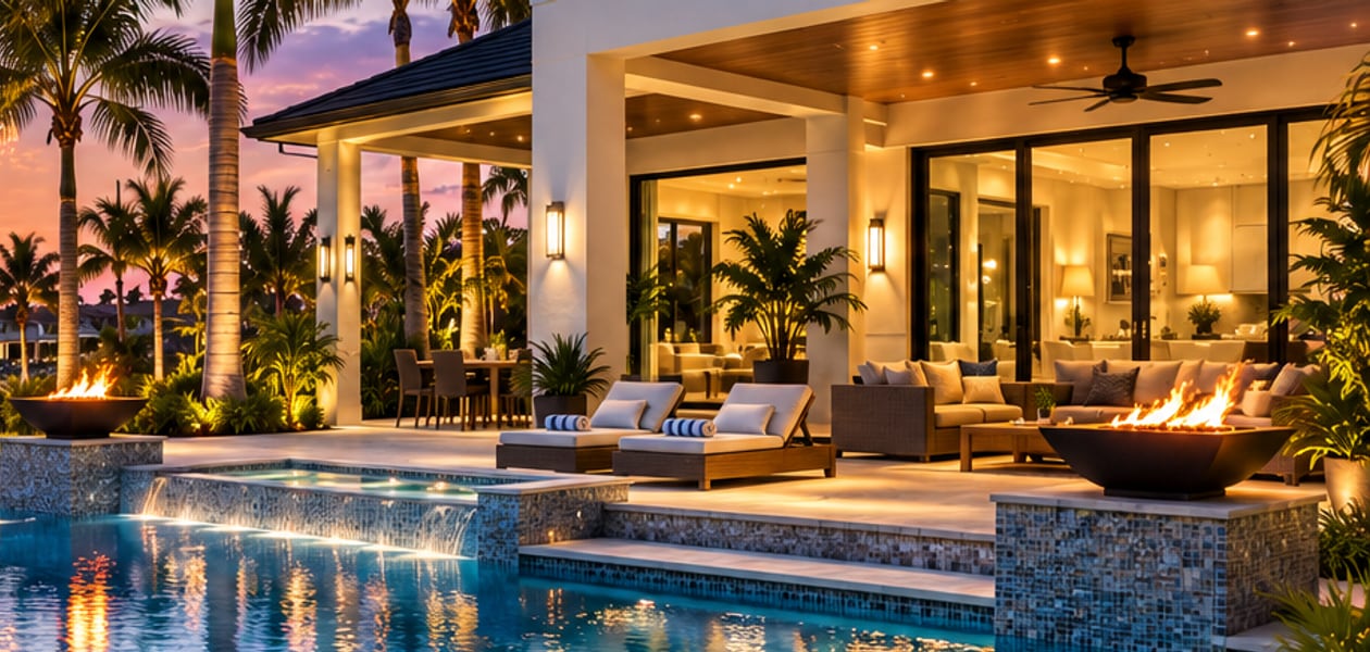 A waterfront home photographed at twilight, warm interior lighting and fire bowls reflected in the pool