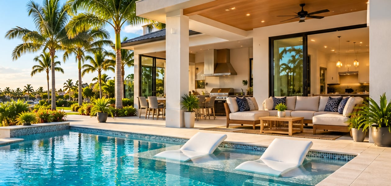 A pool deck and open-air living room with outdoor kitchen, photographed in daylight