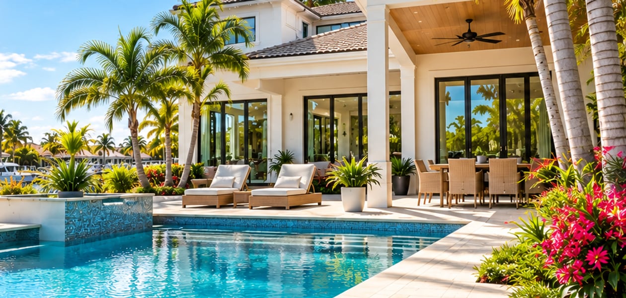 A waterfront pool and covered lanai photographed in daylight, boats moored beyond